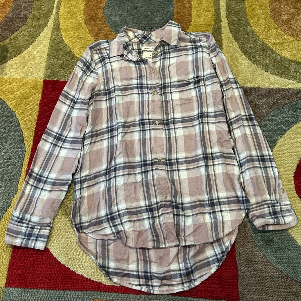 American Eagle Boyfriend Fit Flannel Plaid Button Down Shirt Pink White Small
